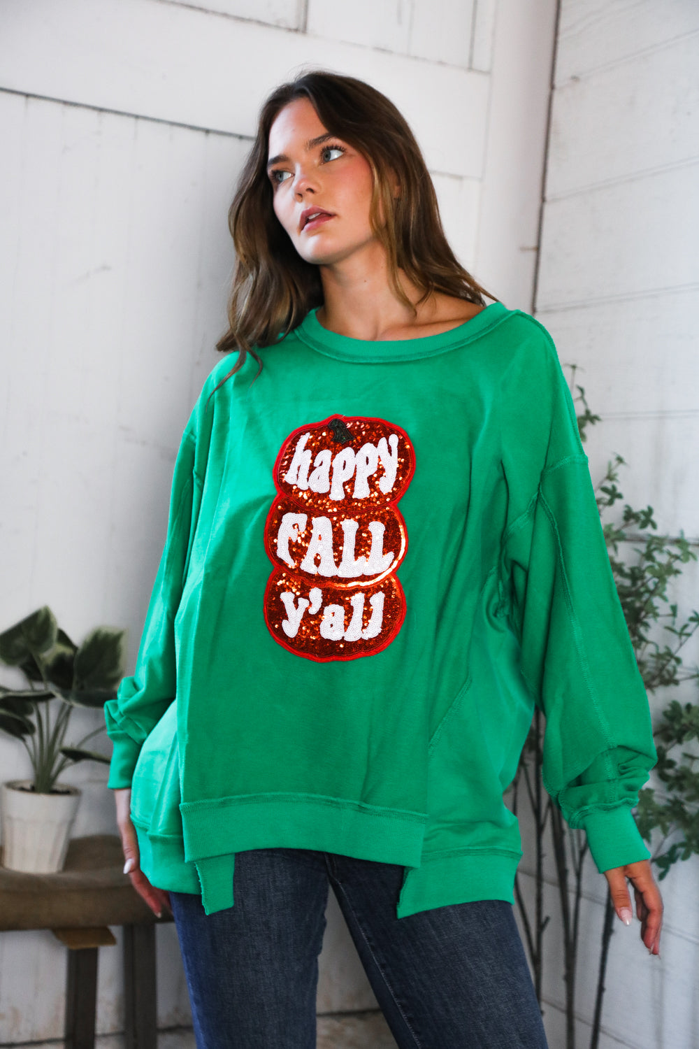 'Happy Fall Y'all' Kelly Green Sweater